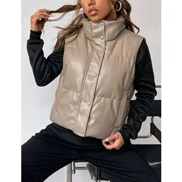 Yidarer Women's Faux Leather Puffer Vest Stand Collar Padded Vest Sleeveless Quilted Lightweight Jacket