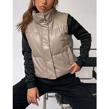 Yidarer Women's Faux Leather Puffer Vest Stand Collar Padded Vest Sleeveless Quilted Lightweight Jacket