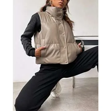 Yidarer Women's Faux Leather Puffer Vest Stand Collar Padded Vest Sleeveless Quilted Lightweight Jacket