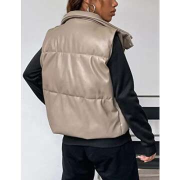 Yidarer Women's Faux Leather Puffer Vest Stand Collar Padded Vest Sleeveless Quilted Lightweight Jacket