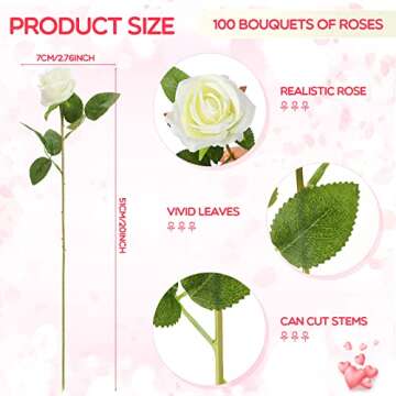 Jexine 100 Pieces Artificial Roses Flowers Bulk, Long Stem Realistic Fake Silk Roses Bouquet for Tab...