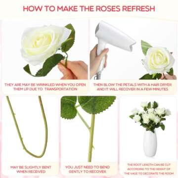 Jexine 100 Pieces Artificial Roses Flowers Bulk, Long Stem Realistic Fake Silk Roses Bouquet for Table Centerpiece Vases Wedding Party Home Kitchen Decor (White)