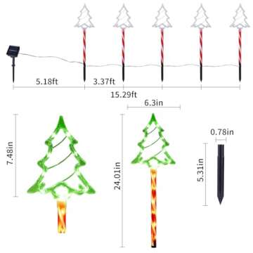 Solar Christmas Pathway Lights Outdoor Decorations, 8 Modes Xmas Tree Candy Lights Waterproof Led Garden Stake Lights for Walkway Yard Lawn Porch Holiday Decor 5-Pack