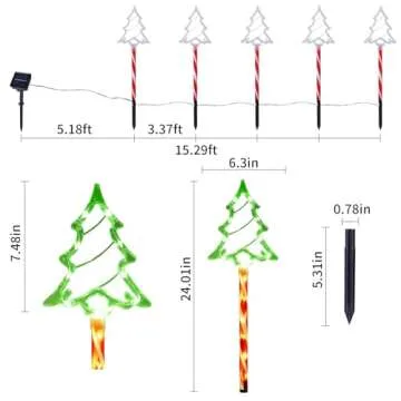 Solar Christmas Pathway Lights Outdoor Decorations, 8 Modes Xmas Tree Candy Lights Waterproof Led Garden Stake Lights for Walkway Yard Lawn Porch Holiday Decor 5-Pack