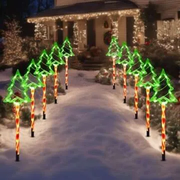 Solar Christmas Pathway Lights Outdoor Decorations, 8 Modes Xmas Tree Candy Lights Waterproof Led Garden Stake Lights for Walkway Yard Lawn Porch Holiday Decor 5-Pack