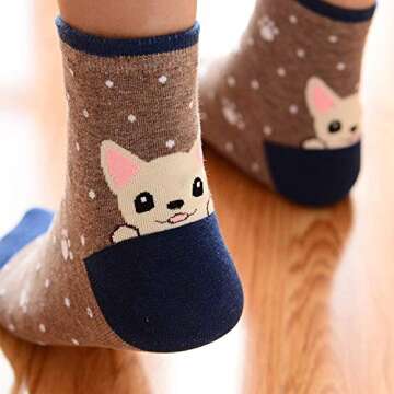 YSense Cute Socks Womens Dog Cat Novelty Animal Socks for Girl Cartoon Cotton Casual Crew Funny Socks 5 Pairs, Dog style 2