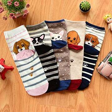 YSense Cute Socks Womens Dog Cat Novelty Animal Socks for Girl Cartoon Cotton Casual Crew Funny Socks 5 Pairs, Dog style 2
