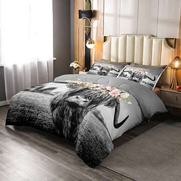 Erosebridal Grey Highland Cow Down Comforter Queen Kids Rose Floral Bull Cattle Comforter Set for Gi...