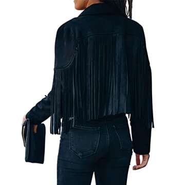 ebossy Women's Suede Fringe Jacket Long Sleeve Slim Faux Leather Boyfriend Cropped Top with Tassles ...