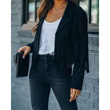 ebossy Women's Suede Fringe Jacket Long Sleeve Slim Faux Leather Boyfriend Cropped Top with Tassles (Medium,Black)