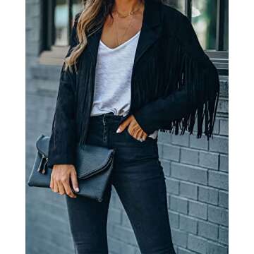 ebossy Women's Suede Fringe Jacket Long Sleeve Slim Faux Leather Boyfriend Cropped Top with Tassles (Medium,Black)