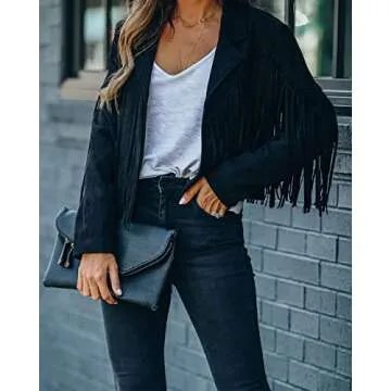 ebossy Women's Suede Fringe Jacket Long Sleeve Slim Faux Leather Boyfriend Cropped Top with Tassles (Medium,Black)
