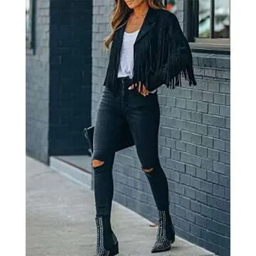 ebossy Women's Suede Fringe Jacket Long Sleeve Slim Faux Leather Boyfriend Cropped Top with Tassles (Medium,Black)
