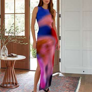 Women's Casual Tie-Dye Bodycon Maxi Dress Sleeveless Tank Wrap Split Beach Party Long Dresses (Purple,XL)