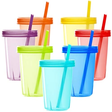 Youngever 7 Sets Plastic Kids Cups with Lids and Straws, 7 Reusable Toddler Cups with Straws in 7 As...