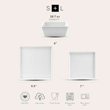 Stone Lain Grace Square Stoneware Dinnerware Set, 12 Piece Service For 4, Plates and Bowls Dish Set,...