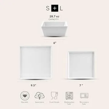 Stone Lain Grace Square Stoneware Dinnerware Set, 12 Piece Service For 4, Plates and Bowls Dish Set,...