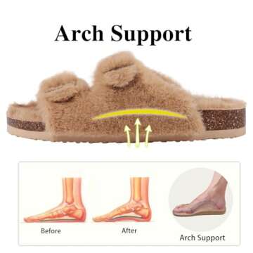 KIDMI Fuzzy Slippers Women with Cork Footbed Fluffy Slides Open Toe Indoor House Shoes | Arch Support | Adjustable Buckles, Khaki 5-6