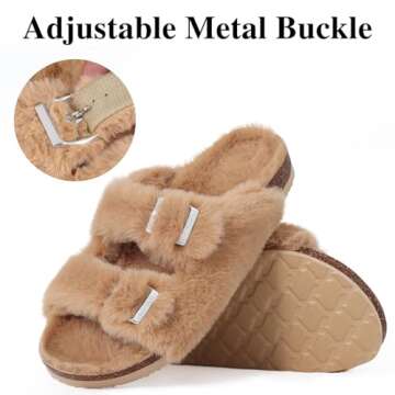 KIDMI Fuzzy Slippers Women with Cork Footbed Fluffy Slides Open Toe Indoor House Shoes | Arch Support | Adjustable Buckles, Khaki 5-6