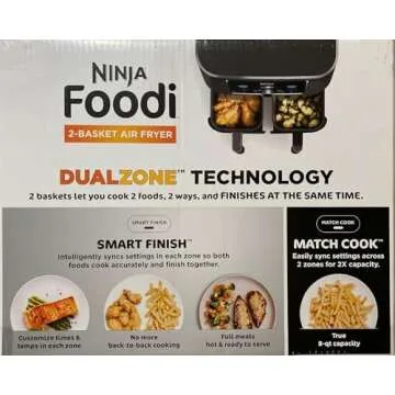 Ninja Foodi AD150 8 Quart 6 in1 DualZone 2-Basket Air Fryer with 2 Independent Frying Baskets, Match Cook & Smart Finish to Roast, Broil, Dehydrate & More for Quick, Easy Meals, Black