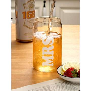 Nefelibata Future Mrs. Beer Can Glass Iced Coffee Glass 16 OZ with Lid Metal Straw And Cleaning Brush Bachelorette Bridal Shower Engagement Gifts for Bride to Be Set of 1