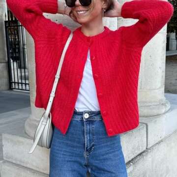 SeeLuNa Crochet Cardigan Sweaters for Women Tops Chunky Knitted Crew Neck Long Sleeve Button Down Jackets Open Front Coat(Red,S)