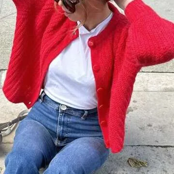 SeeLuNa Crochet Cardigan Sweaters for Women Tops Chunky Knitted Crew Neck Long Sleeve Button Down Jackets Open Front Coat(Red,S)