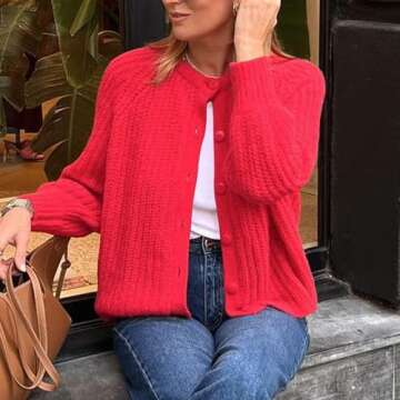 SeeLuNa Crochet Cardigan Sweaters for Women Tops Chunky Knitted Crew Neck Long Sleeve Button Down Jackets Open Front Coat(Red,S)