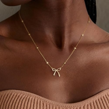 Thaivor Stocking Stuffers Necklace for Women Dainty Bow Necklace 14K Gold Plated Cute Choker Small P...