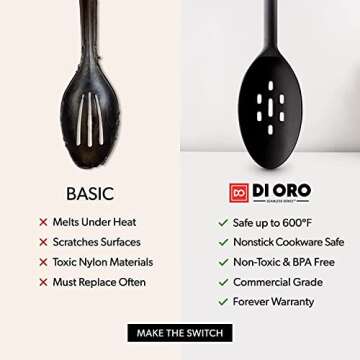 DI ORO Silicone Spoons for Cooking - Large Kitchen Spoons for Mixing, Serving, & Stirring - 600°F Heat-Resistant Non Stick Utensils – Big Solid & Slotted Basting Spoons - Dishwasher Safe (2pc, Black)