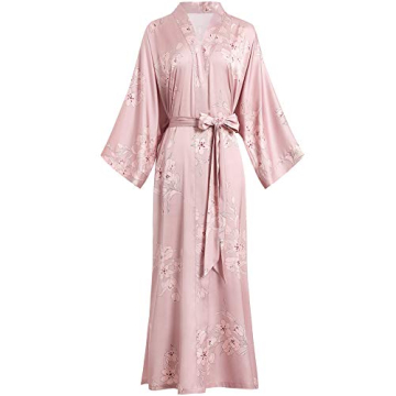 Aensso Long Soft Silk Kimono Robe for Women, Floral Blouse Cover-Up, Pink