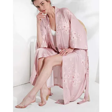 Aensso Long Floral Kimono Robe for Women in Soft Pink