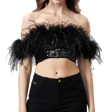 LVCOMEFF Women’s Sequin Top with Feather-Trimming Sparkle Shimmer Disco Crop Tank Sexy Cute Cockta...