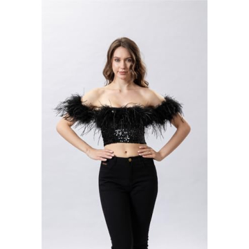 Stunning Sequin Top with Feather Trimming for Parties