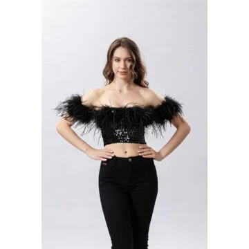 Stunning Sequin Top with Feather Trimming for Parties