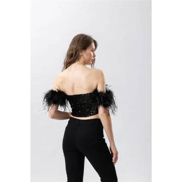 Stunning Sequin Top with Feather Trimming for Parties