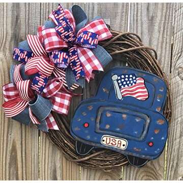 Rustic USA Patriotic Truck Wreath | Rustic Farmhouse Everyday Decor | Welcome Door Hanger | Grapevin...