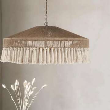 DVZAIQWPC Bohemian Vintage Tassel Hemp Rope Chandelier, Cream Style Light Fixture, Chandeliers for Dining Room, Living Room, Kitchen, Bedroom, Size: L50*W50*H24Cm, Color: Cream