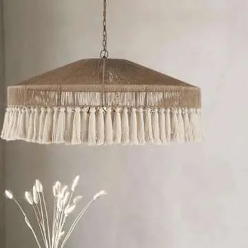 DVZAIQWPC Bohemian Vintage Tassel Hemp Rope Chandelier, Cream Style Light Fixture, Chandeliers for Dining Room, Living Room, Kitchen, Bedroom, Size: L50*W50*H24Cm, Color: Cream