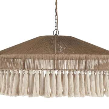 DVZAIQWPC Bohemian Vintage Tassel Hemp Rope Chandelier, Cream Style Light Fixture, Chandeliers for Dining Room, Living Room, Kitchen, Bedroom, Size: L50*W50*H24Cm, Color: Cream