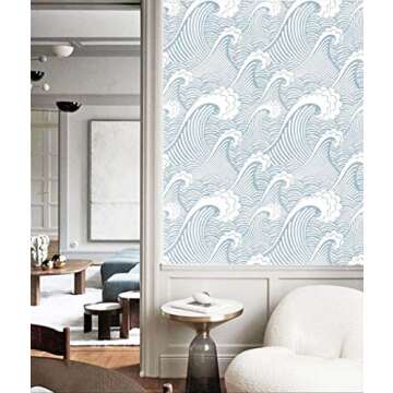 Blooming Wall PS030 Peel&Stick Removable Seamless Blue White Waves Spray Self-Adhesive Prepasted Wallpaper Wall Mural