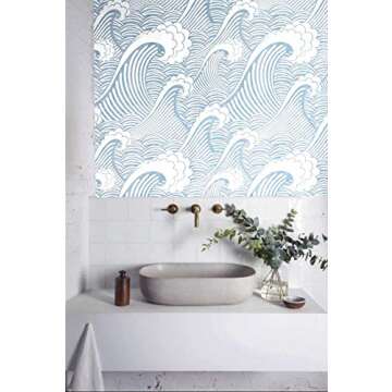 Blooming Wall PS030 Peel&Stick Removable Seamless Blue White Waves Spray Self-Adhesive Prepasted Wallpaper Wall Mural