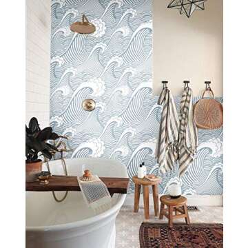 Blooming Wall PS030 Peel&Stick Removable Seamless Blue White Waves Spray Self-Adhesive Prepasted Wallpaper Wall Mural