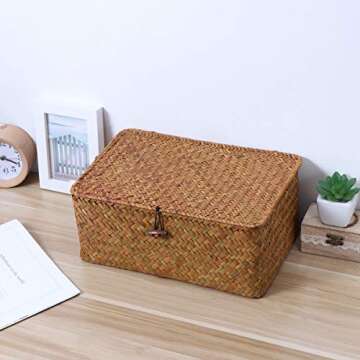 Hand Woven Seaweed Storage Basket Button Closure Decorative Straw Woven Basket Desktop Organization Debris Toys Clothes More