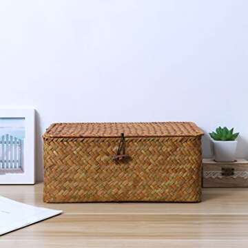 Hand Woven Seaweed Storage Basket Button Closure Decorative Straw Woven Basket Desktop Organization Debris Toys Clothes More