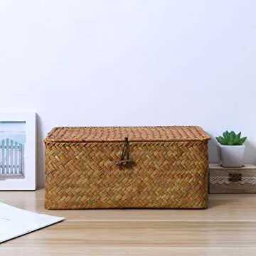 Hand Woven Seaweed Storage Basket Button Closure Decorative Straw Woven Basket Desktop Organization Debris Toys Clothes More