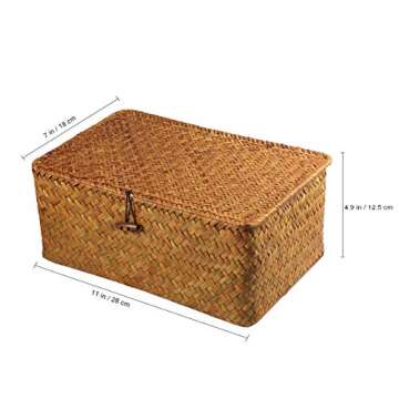 Hand Woven Seaweed Storage Basket Button Closure Decorative Straw Woven Basket Desktop Organization Debris Toys Clothes More