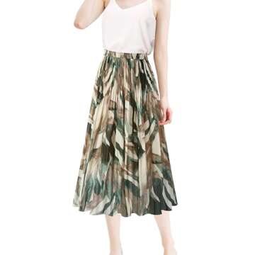 Kingfancy Women's Pleated Skirt Chiffon Elastic Waist A-Line Midi Length Skirt Green Leaves S