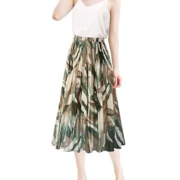 Kingfancy Women's Pleated Skirt Chiffon Elastic Waist A-Line Midi Length Skirt Green Leaves S