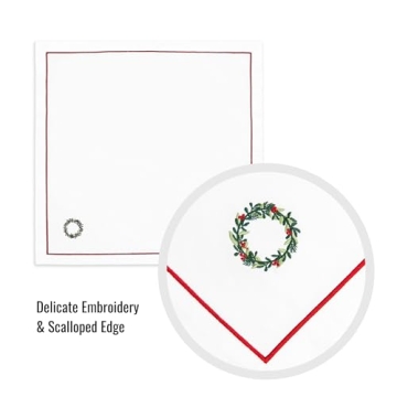 Hofdeco Premium Classic Christmas Holiday Cotton Cloth Napkins Set of 4, Washable Dinner Napkins for Christmas, Events, Parties, Embroidered Wreath Red Green, 20"x20"